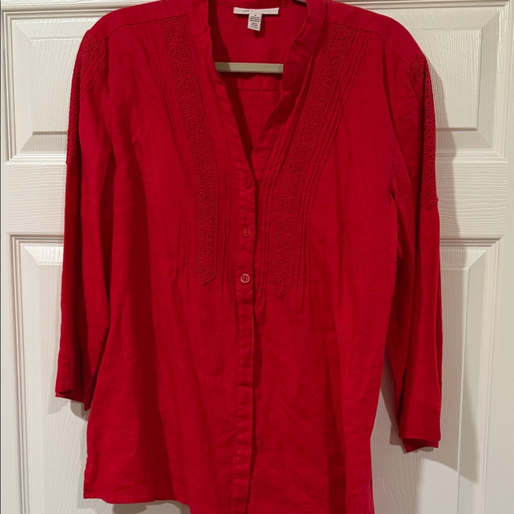 JM Collection Vibrant Red Embroidered Button-Up Tunic 100% Linen